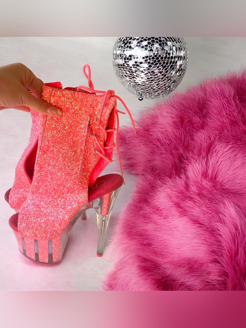Pleaser Hot Pink Glitter Lace-Up Platform Heels